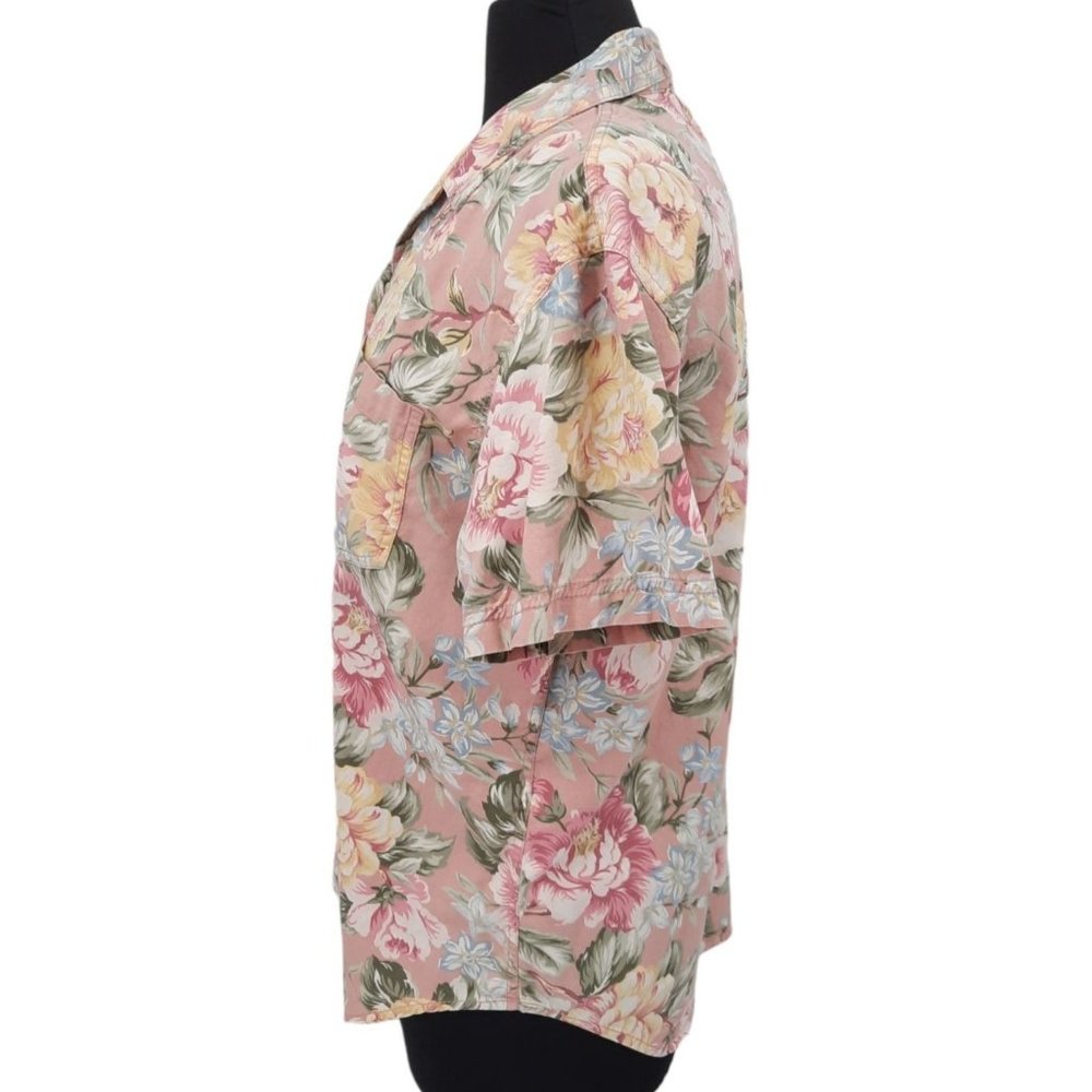 VTG 90s Lizwear Pink Floral Pearl Snap Shirt Size M Short Sleeves Cotton Yellow - Picture 7 of 8